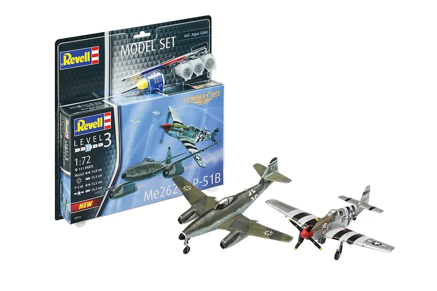 Revell 1/72 scale Me262 and P-51B Mustang model kit packaging with two fully assembled and painted model aircraft displayed in front.