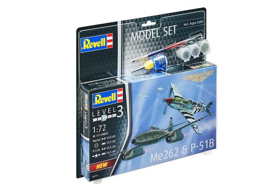 Revell 1/72 scale Me262 and P-51B Mustang combat model kit in blister packaging with included paints, glue, and brush.