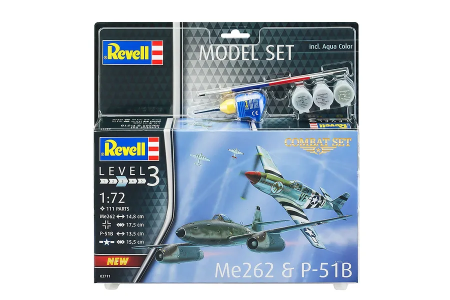Revell 1/72 scale Me262 and P-51B Mustang model kit packaging showing the aircraft in flight and included paints, glue, and brush.