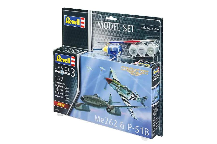 Revell 1/72 scale Me262 and P-51B Mustang combat model kit in its original retail packaging, including paints and a brush.