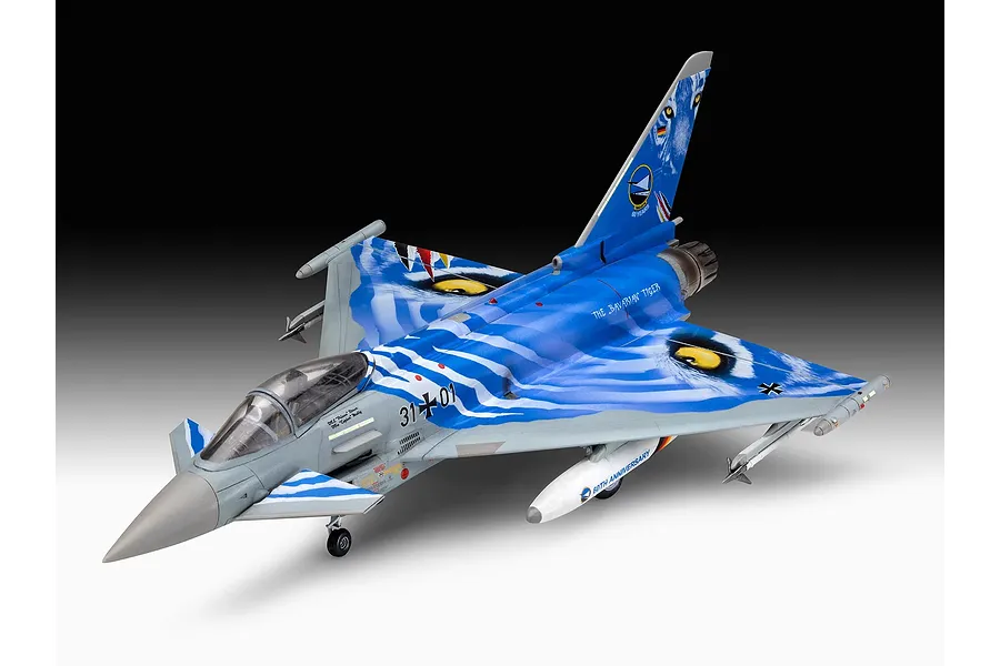A high-angle studio shot of a 1/72 scale Revell Eurofighter Typhoon plastic model kit, featuring the special Bavarian Tiger 2021 livery.