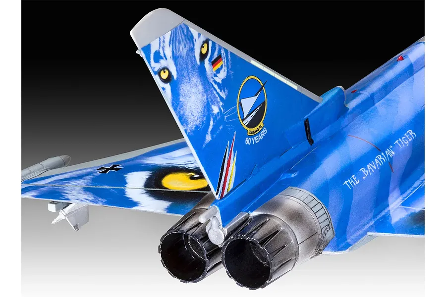 Close-up of the tail section of a Revell 1/72 Eurofighter Typhoon Bavarian Tiger model aircraft, showing the blue tiger-themed livery and engine nozzles.