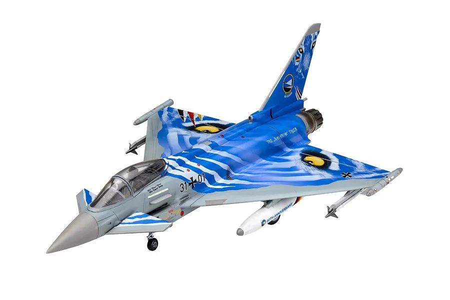 A fully assembled and painted 1/72 scale Revell Eurofighter Typhoon model featuring the special Bavarian Tiger 2021 livery.