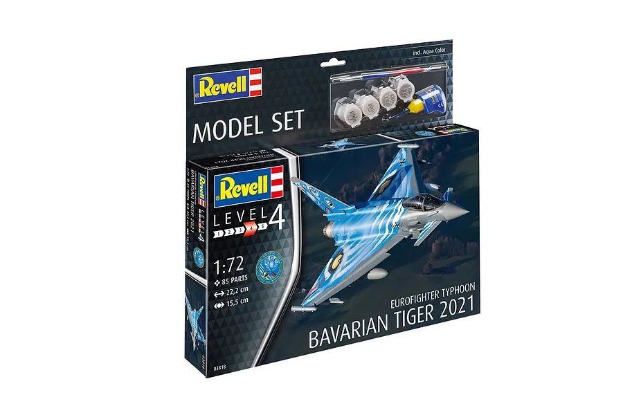 Revell 1/72 scale Eurofighter Typhoon Bavarian Tiger 2021 model kit box showing the finished aircraft and included paints and glue.