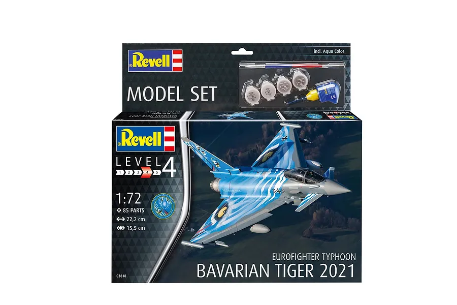 Revell 1/72 scale Eurofighter Typhoon Bavarian Tiger 2021 plastic model kit box showing the finished aircraft and included paints, brush, and glue.
