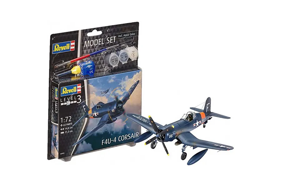 Revell 1/72 scale Vought F4U-4 Corsair model kit box and a fully assembled, painted model aircraft on a white background.