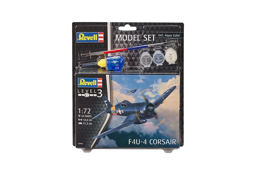 Revell 1/72 scale Vought F4U-4 Corsair model kit in blister packaging including paint, glue, and a brush.
