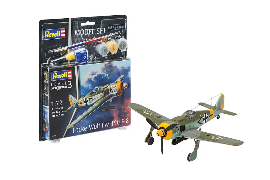 Revell 1/72 scale Focke Wulf Fw 190 F-8 model kit packaging and a fully assembled, painted model aircraft on a white background.