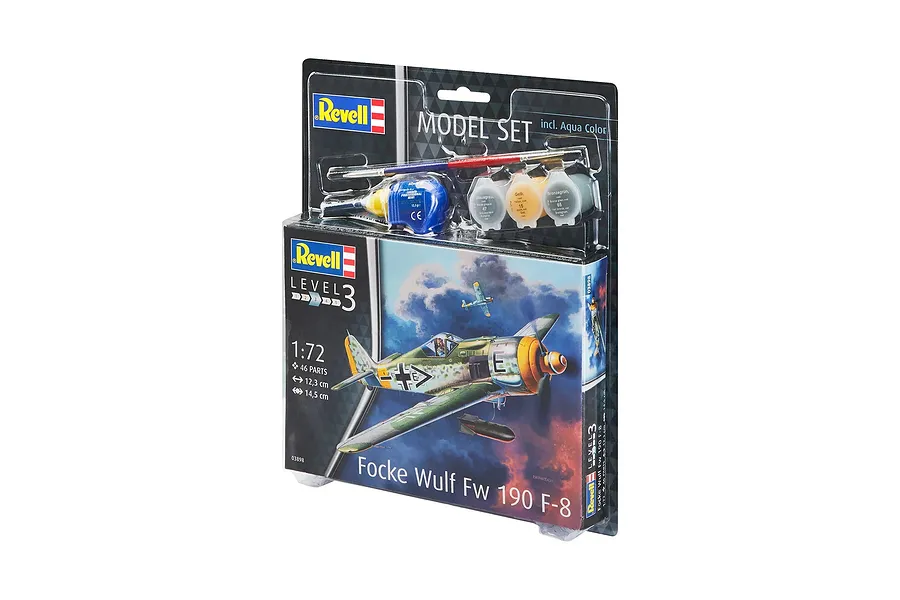 Revell 1/72 scale Focke Wulf Fw 190 F-8 plastic model kit in blister packaging, including paints, glue, and a brush.