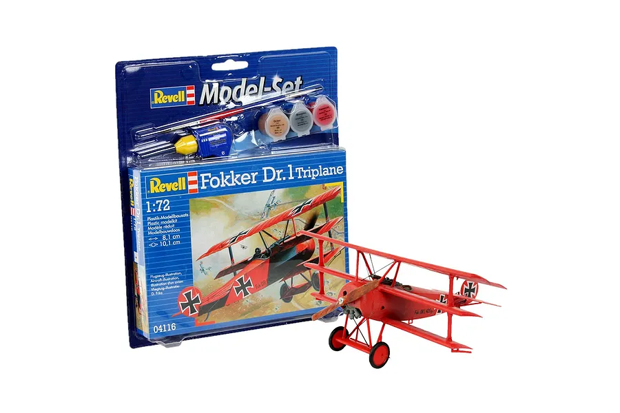 A Revell 1/72 scale Fokker Dr.1 Triplane model kit in its blister packaging, alongside a fully assembled and painted red model airplane.