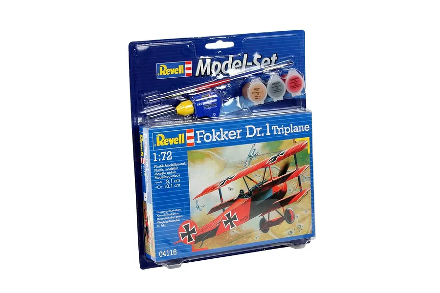 Revell 1/72 scale Fokker Dr.1 Triplane plastic model starter kit in blister packaging with included paint, glue, and brush.