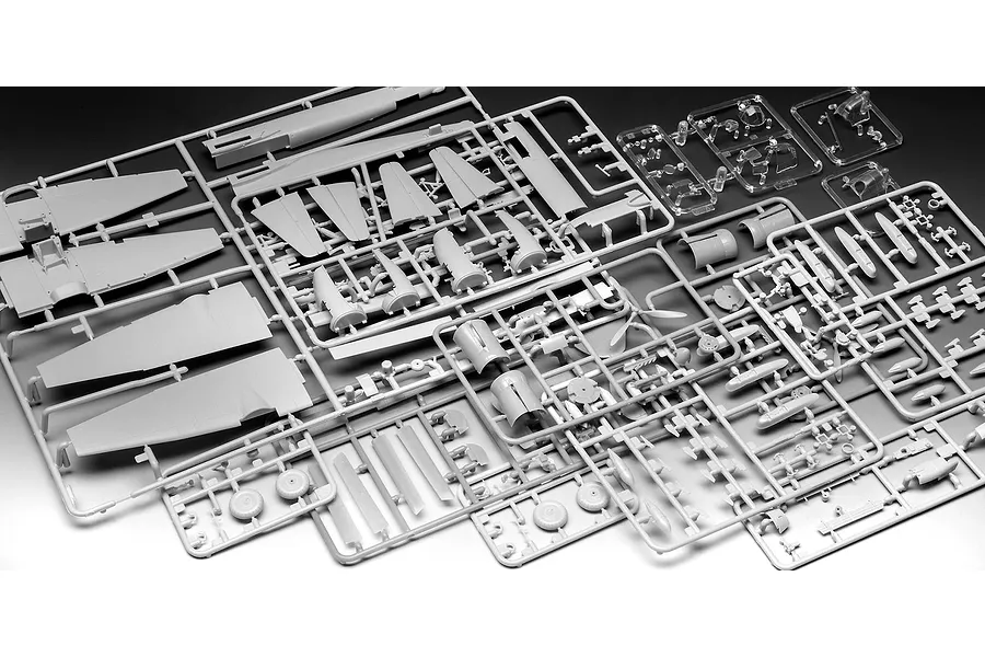 Grey plastic model aircraft parts on sprues for a 1/72 scale Junkers Ju88 model kit.