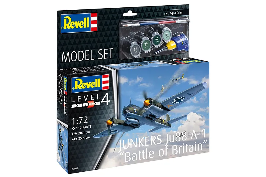 Revell 1/72 scale Junkers Ju88 A-1 Battle of Britain model kit box showing the aircraft in flight, paint pots, and a brush.