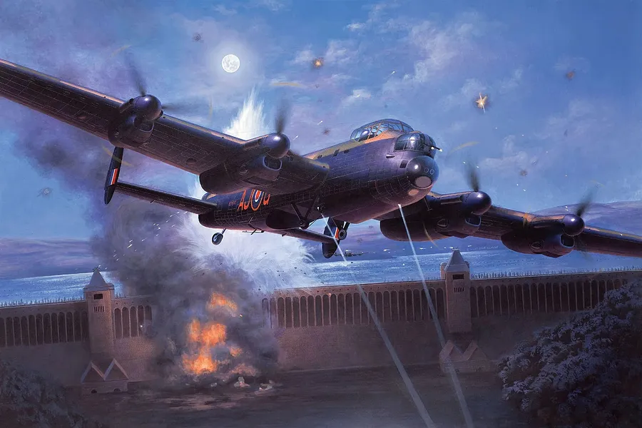 An artistic illustration of a Lancaster bomber flying low over a dam at night, with an explosion occurring in the water below.