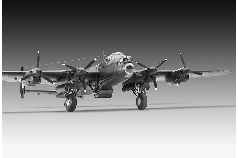 A front-facing studio shot of a completed 1/72 scale Revell Lancaster B.III Dambusters model aircraft, showing the four-engine bomber on its landing gear.