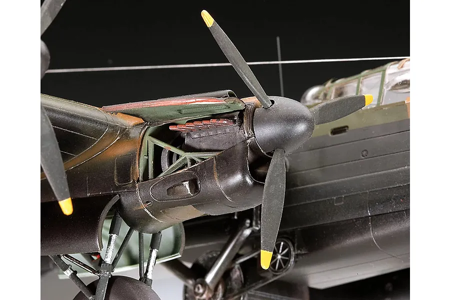 Close-up of a detailed scale model of a Lancaster bomber engine and propeller assembly.