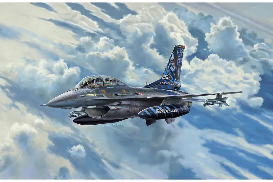 An artistic illustration of a Lockheed Martin F-16D fighter jet with a special Tigermeet 2014 livery flying through a cloudy sky.