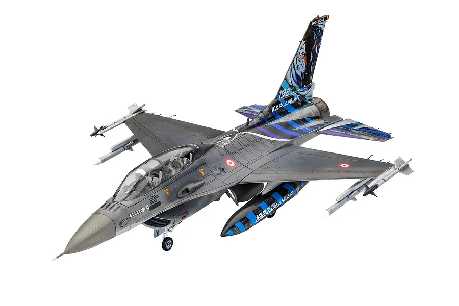 A fully assembled and painted 1/72 scale plastic model of a Lockheed Martin F-16D Fighting Falcon featuring a special Tigermeet 2014 livery.