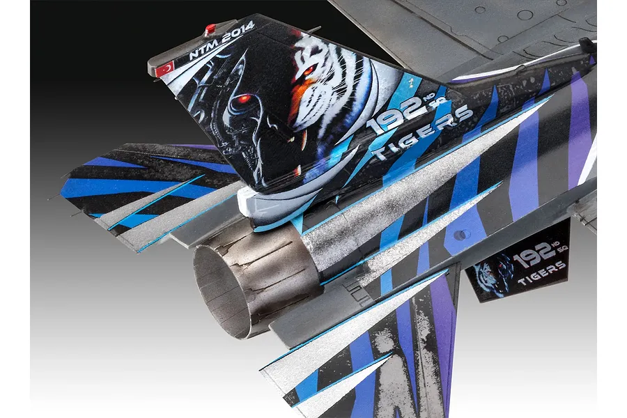 Close-up of the tail section of a Revell 1/72 F-16D Tigermeet 2014 plastic model aircraft featuring a tiger graphic and 192nd Tigers markings.