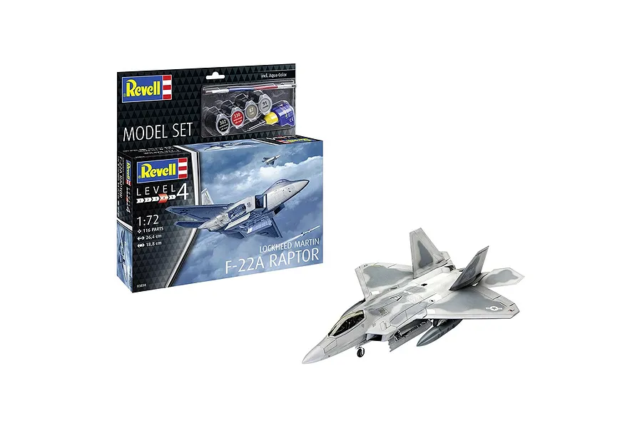 Revell 1/72 scale Lockheed Martin F-22A Raptor model kit box and a fully assembled, painted model aircraft on a white background.