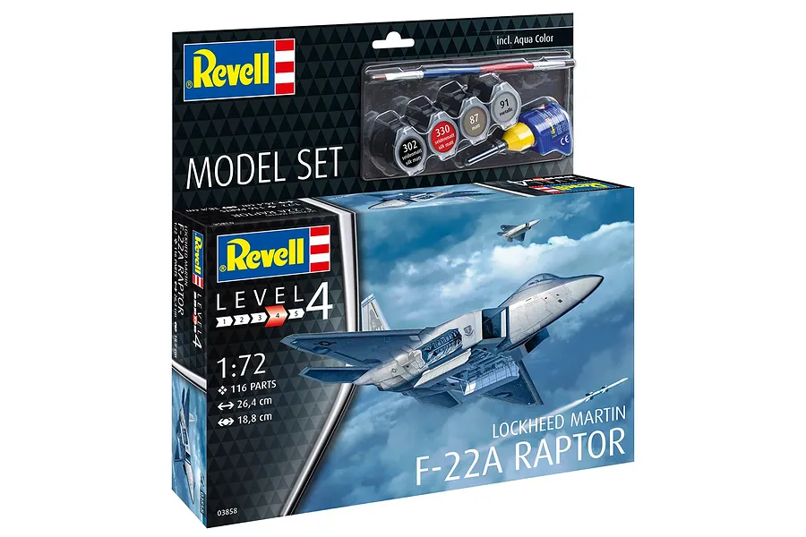 Revell 1/72 scale Lockheed Martin F-22A Raptor model kit box showing the finished aircraft in flight, including paint, glue, and brush.