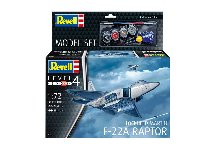 Revell 1/72 scale Lockheed Martin F-22A Raptor model kit box showing the finished aircraft in flight and included paints, glue, and brush.