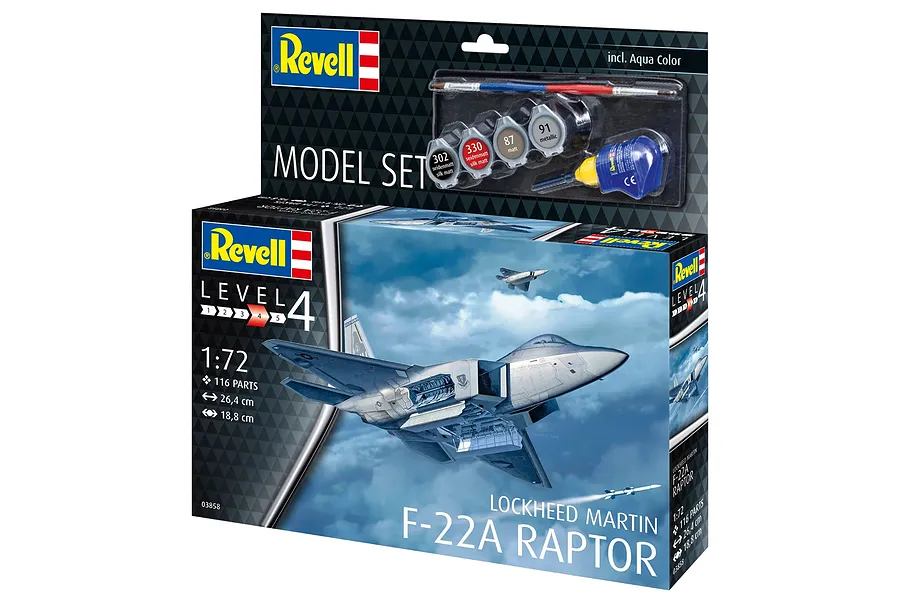 Revell 1/72 scale Lockheed Martin F-22A Raptor plastic model starter kit box showing the aircraft in flight and included paints and brush.