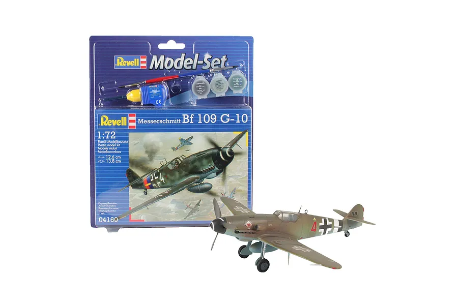 Revell 1/72 scale Messerschmitt Bf 109 G-10 model kit in blister packaging with a fully assembled and painted model aircraft in the foreground.