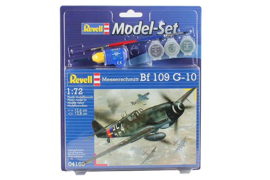 Revell 1/72 scale Messerschmitt Bf 109 G-10 plastic model starter kit in blister packaging with paint, glue, and brush.