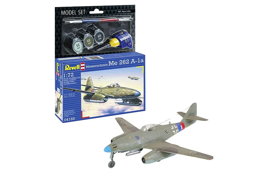 Revell 1/72 scale Messerschmitt Me 262 A-1a plastic model kit box with included paints, glue, and brush, alongside a fully assembled and painted model.