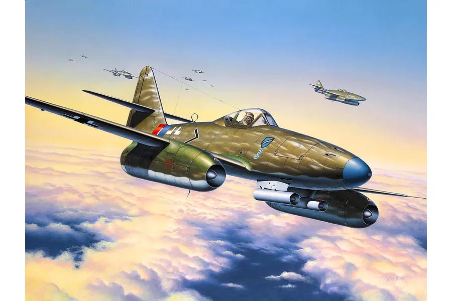 An artistic illustration of a Messerschmitt Me 262 jet fighter flying above clouds with other aircraft in the distance.