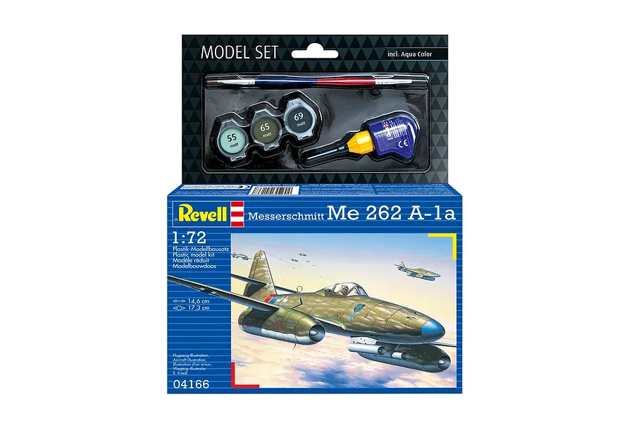Revell 1/72 scale Messerschmitt Me 262 A-1a plastic model starter kit box, including paints, glue, and a brush.