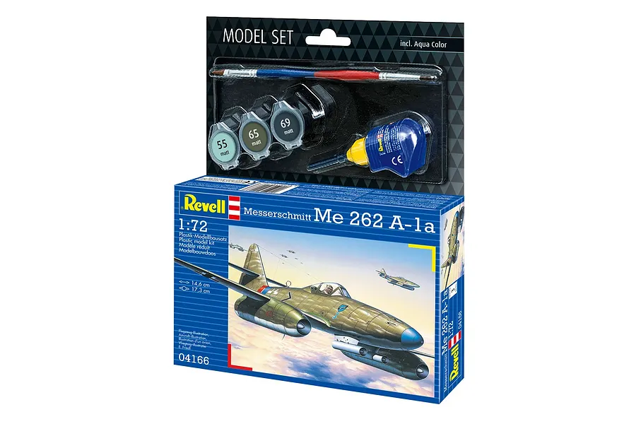 Revell 1/72 scale Messerschmitt Me 262 A-1a plastic model starter kit box with included paints, glue, and brush.