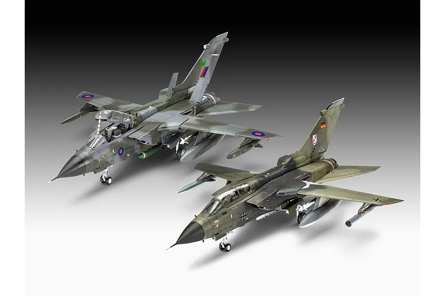 Two assembled 1/72 scale Panavia Tornado model aircraft, one with RAF markings and one with German Luftwaffe markings, displayed against a gradient background.