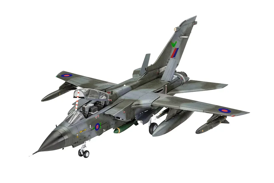 A 1/72 scale plastic model of a Panavia Tornado fighter jet with RAF markings, featuring a camouflage paint scheme and open cockpit.