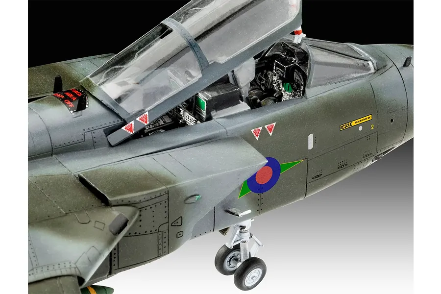 Close-up of a 1/72 scale Panavia Tornado model aircraft showing the cockpit, landing gear, and RAF markings.