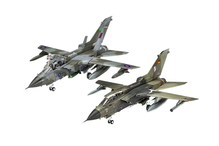 Two assembled 1/72 scale Panavia Tornado model aircraft, one with RAF markings and one with German Air Force markings, displayed against a white background.