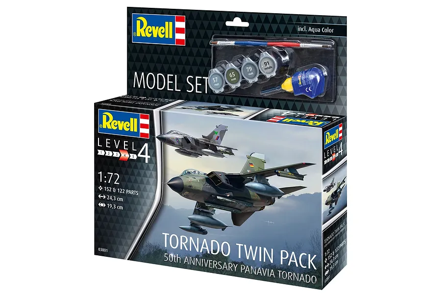 Revell 1/72 scale Panavia Tornado Twin Pack 50th Anniversary model kit box showing two fighter jets in flight and included paints and glue.