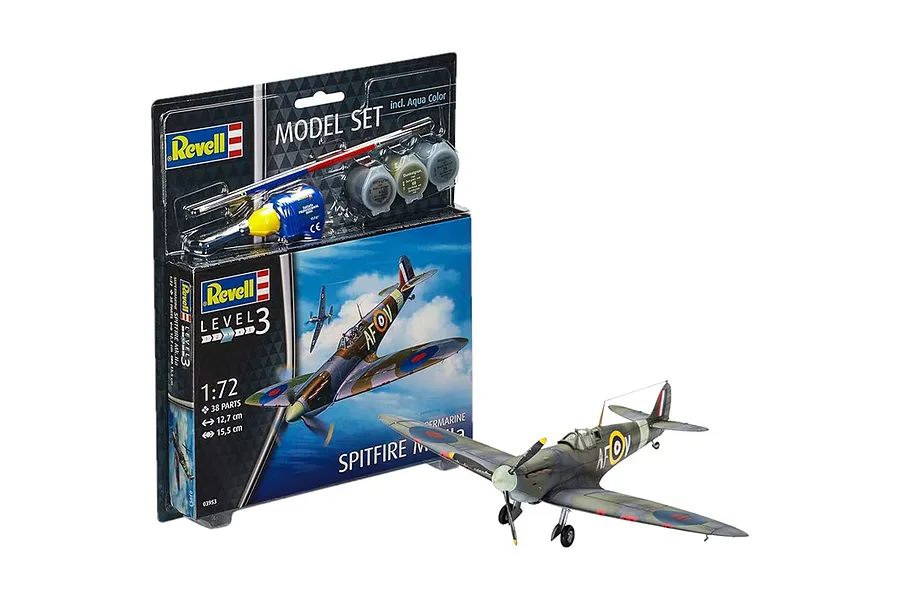 Revell 1/72 scale Supermarine Spitfire Mk.IIa model kit packaging with a fully assembled and painted model aircraft displayed in front.