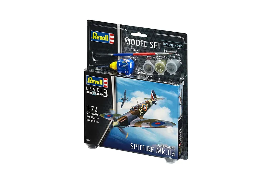 Revell 1/72 scale Supermarine Spitfire Mk.IIa plastic model starter kit in blister packaging with included paint, glue, and brush.