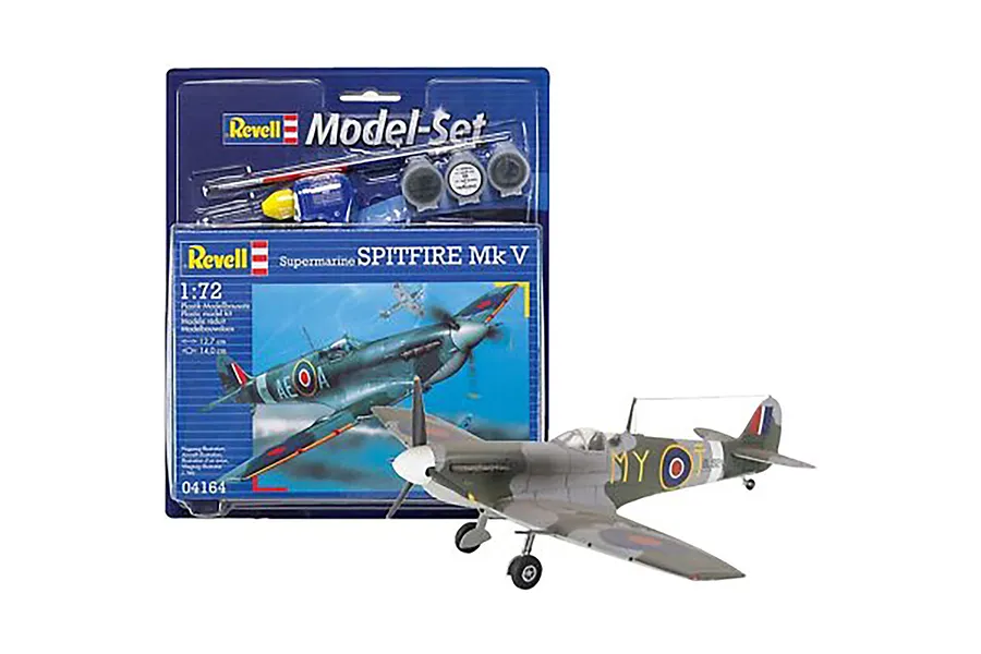 Revell 1/72 scale Supermarine Spitfire Mk V model kit packaging with a fully assembled and painted model airplane in the foreground.