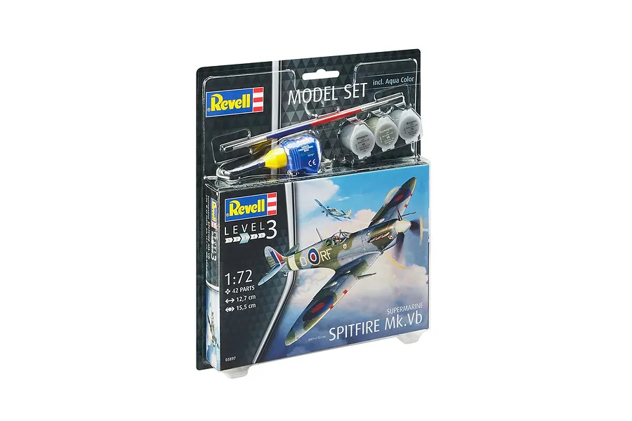 Revell 1/72 scale Supermarine Spitfire Mk.Vb model kit in blister packaging with included paint, glue, and brush.