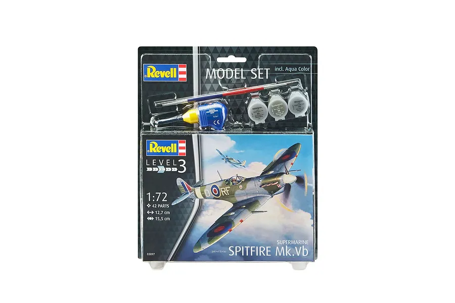Revell 1/72 scale Supermarine Spitfire Mk.Vb model kit in blister packaging including paint, glue, and a brush.