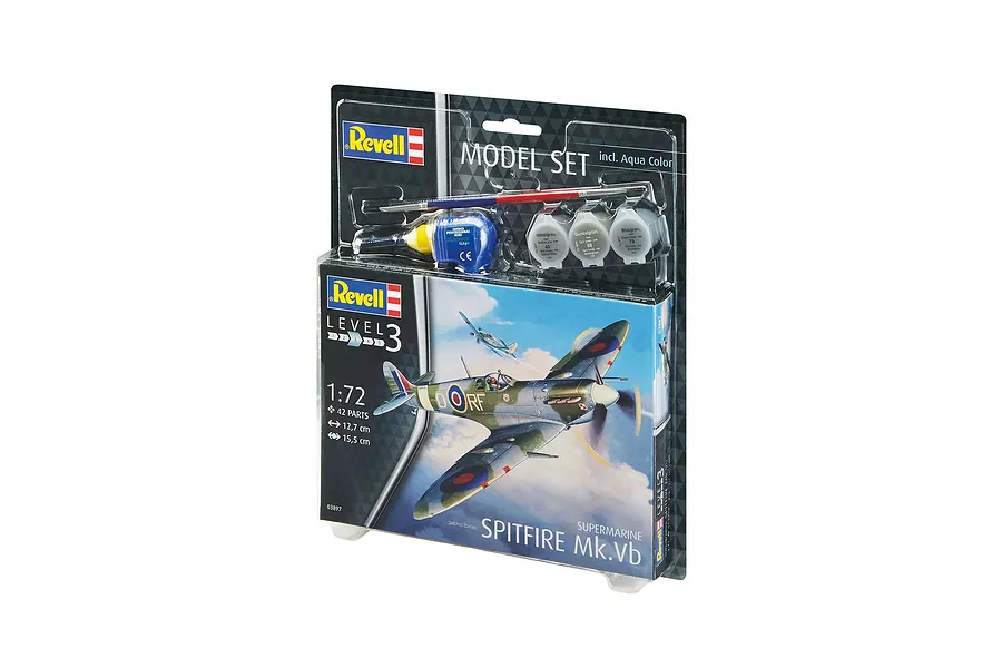 Revell 1/72 scale Supermarine Spitfire Mk.Vb model kit in blister packaging with included paints, glue, and a brush.