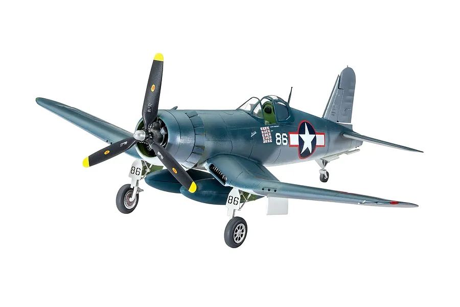 A fully assembled and painted 1/72 scale plastic model of a Vought F4U-1D Corsair fighter aircraft, shown from a front-quarter angle.