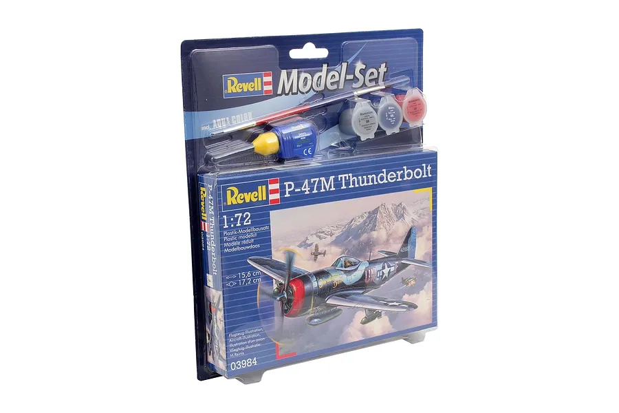 Revell 1/72 scale P-47M Thunderbolt plastic model starter kit in blister packaging with included paint, glue, and brush.