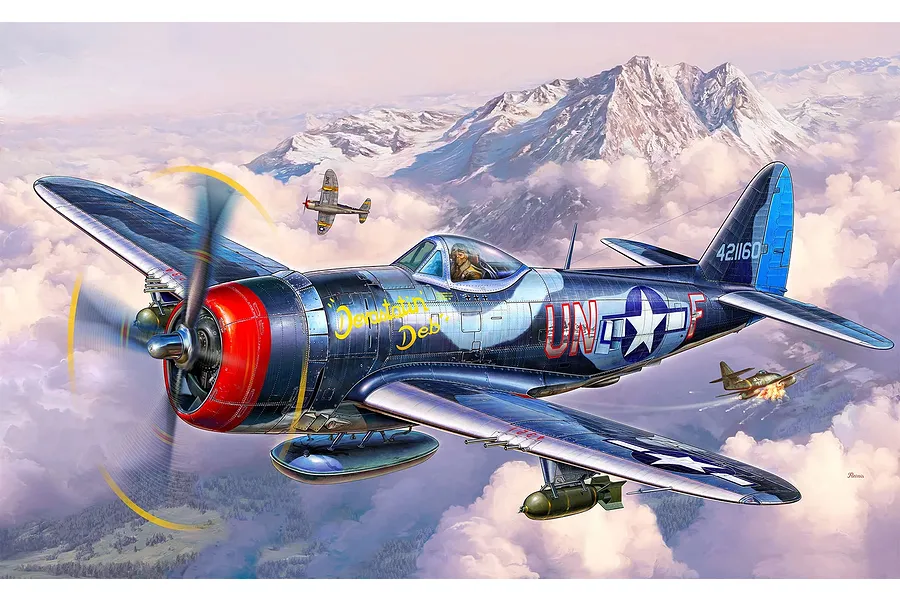 Box art illustration of a P-47M Thunderbolt fighter plane flying over snowy mountains, with other aircraft in the background.