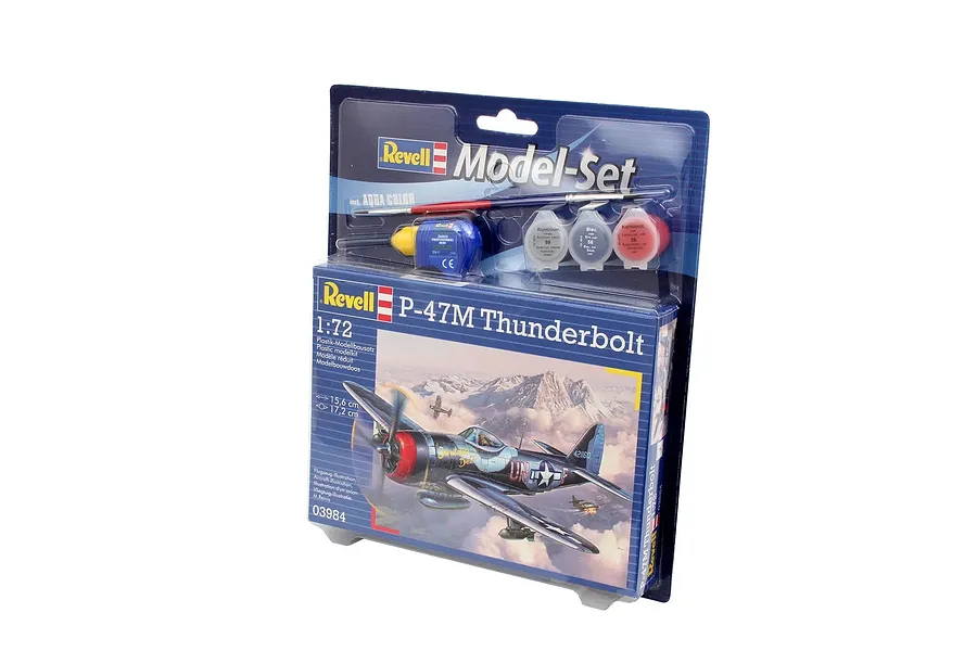 Revell 1/72 scale P-47M Thunderbolt plastic model starter kit in blister packaging with included paint, glue, and brush.