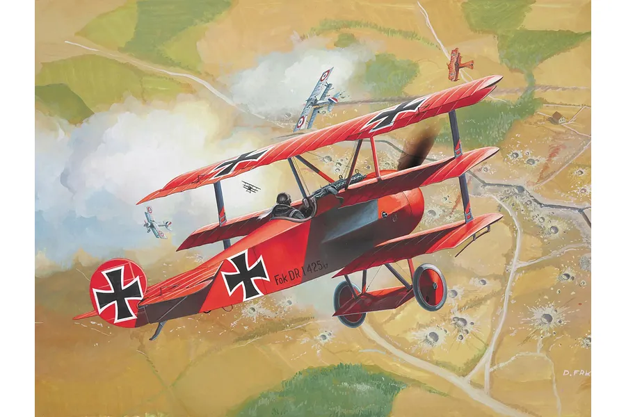 An artistic painting of a red Fokker Dr.1 triplane in aerial combat over a battlefield, with other aircraft visible in the background.
