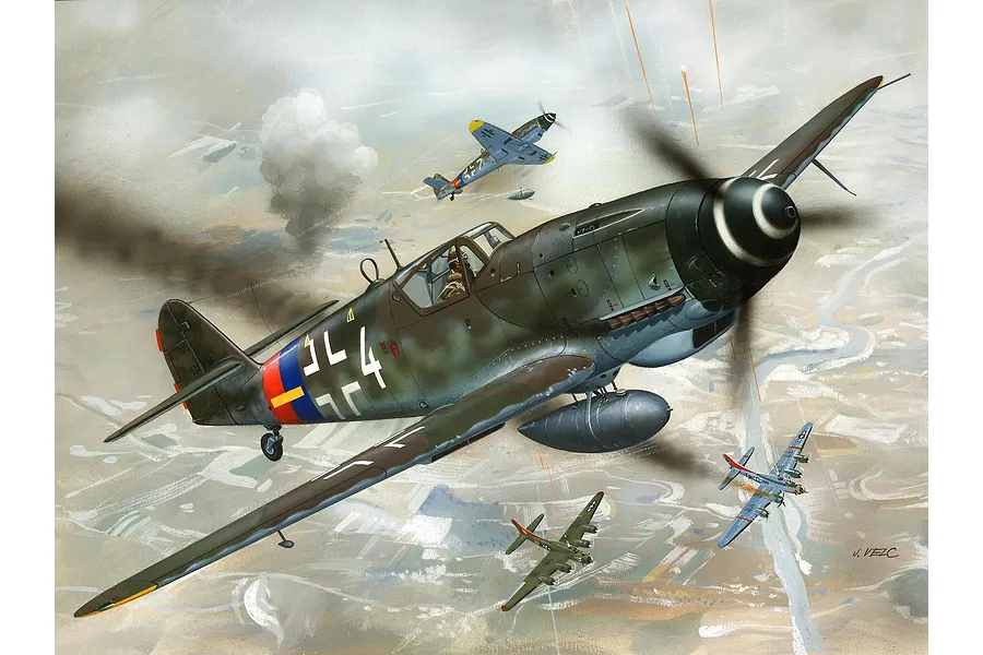 Box art illustration of Messerschmitt Bf 109 G-10 fighter planes in aerial combat over a landscape.